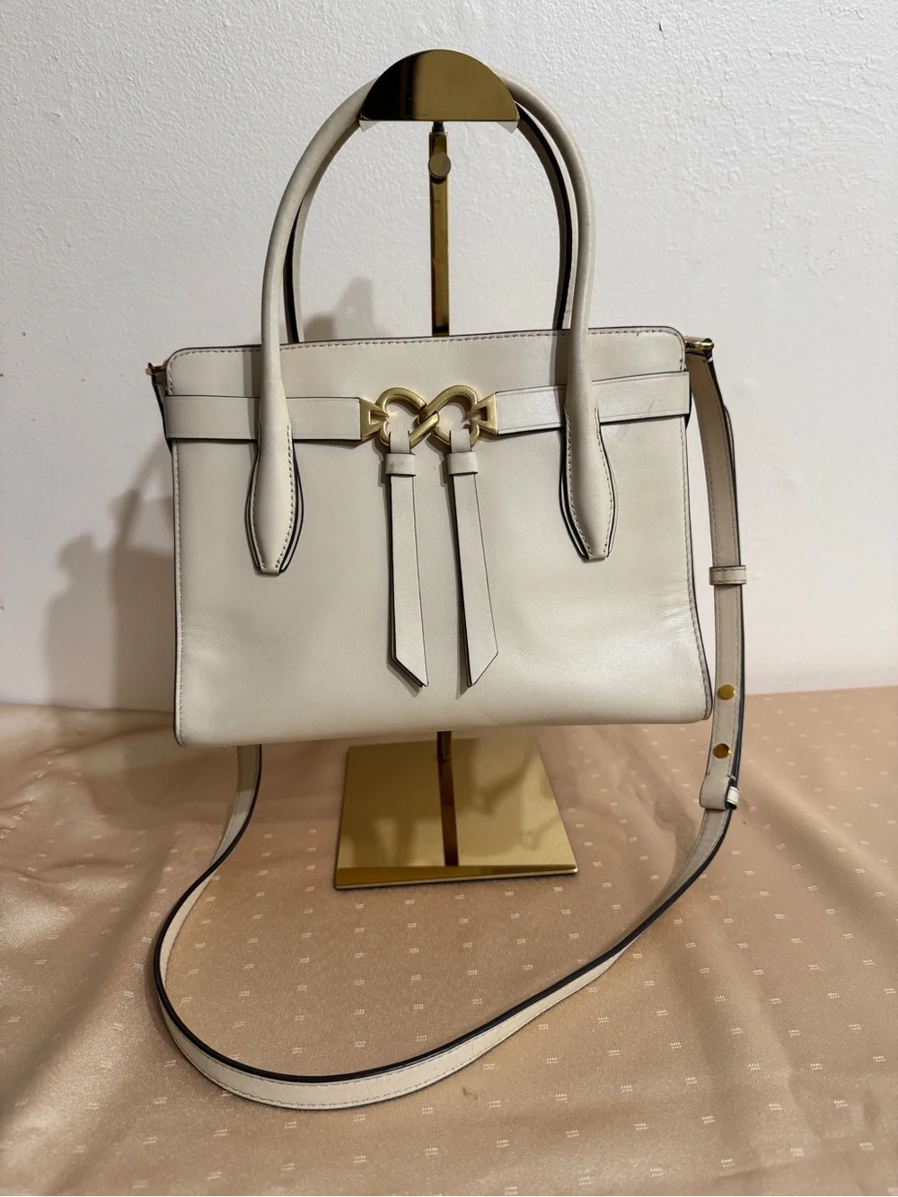 Kate Spade Cream Leather Top-Handle Satchel Bag with crossbody shoulder strap
